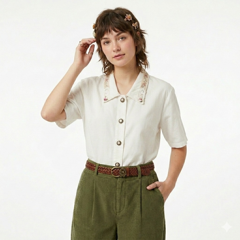 Casual Corner Women Lace Collar Vintage Blouse Cream Button Front Size L